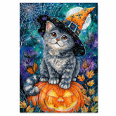Gray Cat Halloween Canvas Wall Art Russian Blue Kitten with Pumpkin Witch Hat for Fall Home Decorations on Ready to Hang 1.5" Thick Canvas Wrap, Floating Framed Canvas, Flat Rolled Canvas